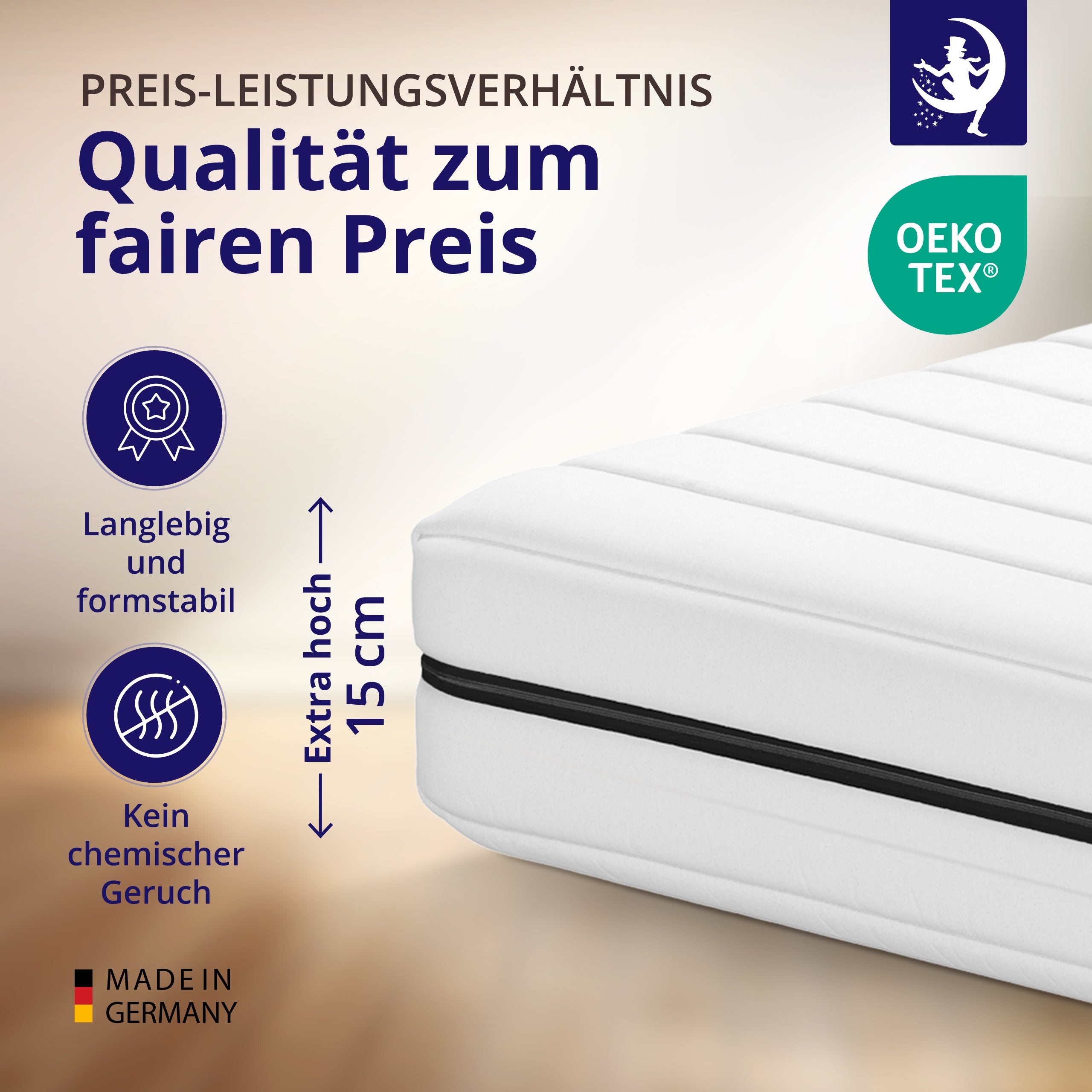 Detailaufnahme der Matratzen-Ecke, 15 cm Höhe, langlebig, formstabil, kein chemischer Geruch, hergestellt in Deutschland