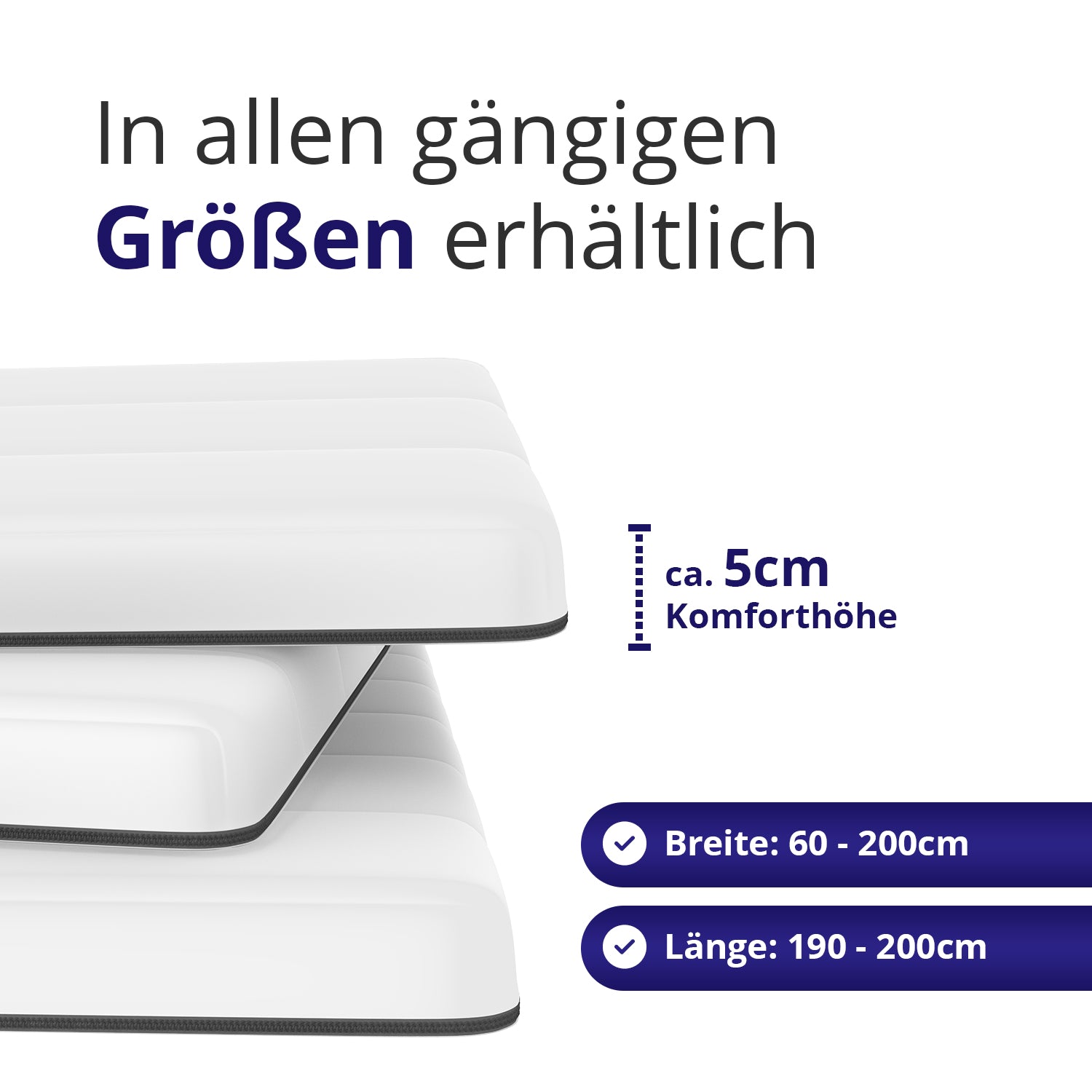 Atmungsaktiver 5 cm Gelschaum Topper in allen gängigen Größen wie 90x200, 100x200 und 180x200 – mit optimaler Komforthöhe für Boxspringbetten und Matratzen.
