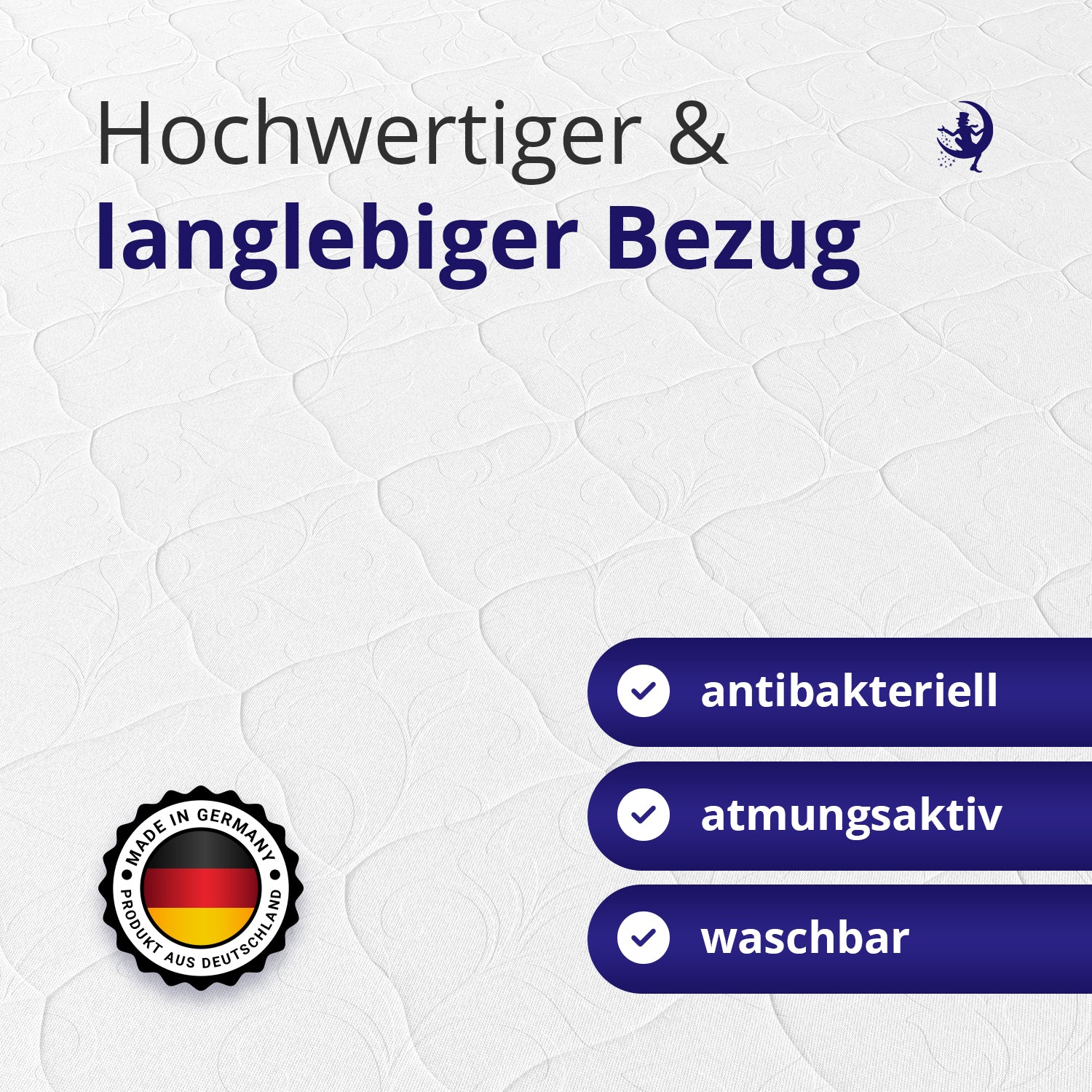Hochwertiger Bezug Made in Germany mit langlebiger Oberfläche atmungsaktiv pflegeleicht ideal für ergonomische Matratzen mit 18 cm Höhe