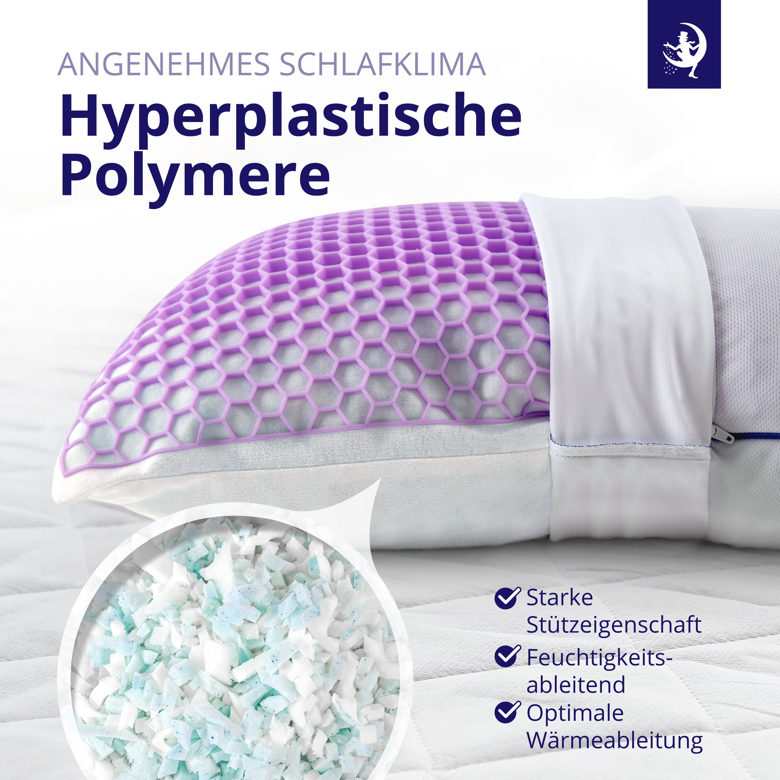 Aufgeschnittenes ergonomisches Kissen mit hyperplastischen Polymeren, optimaler Wärmeregulierung und hoher Stützkraft – ideal für Nacken und Kopf