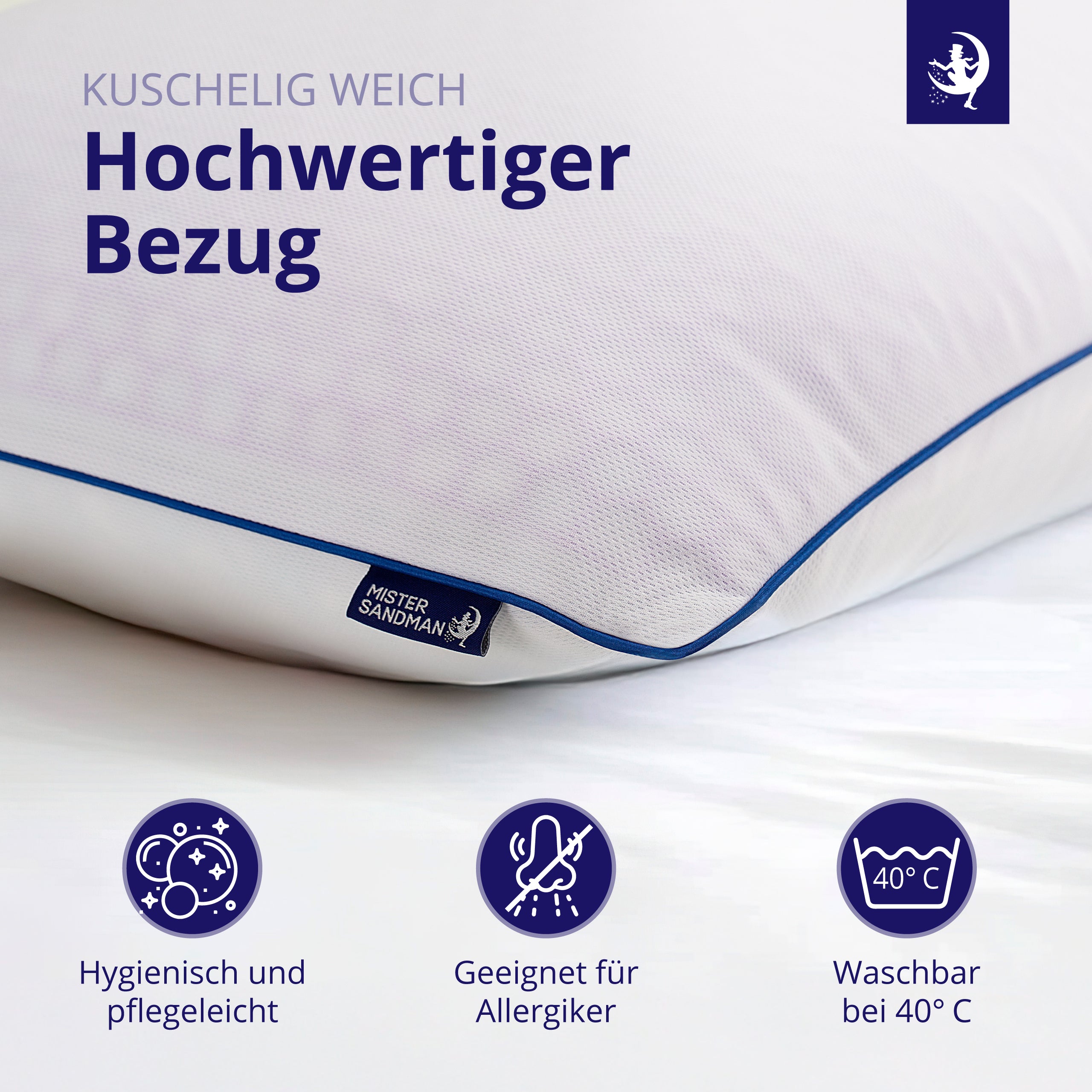 Detailaufnahme des hochwertigen Kissenbezugs – kuschelig weich, waschbar bei 40 Grad, allergikergeeignet und pflegeleicht