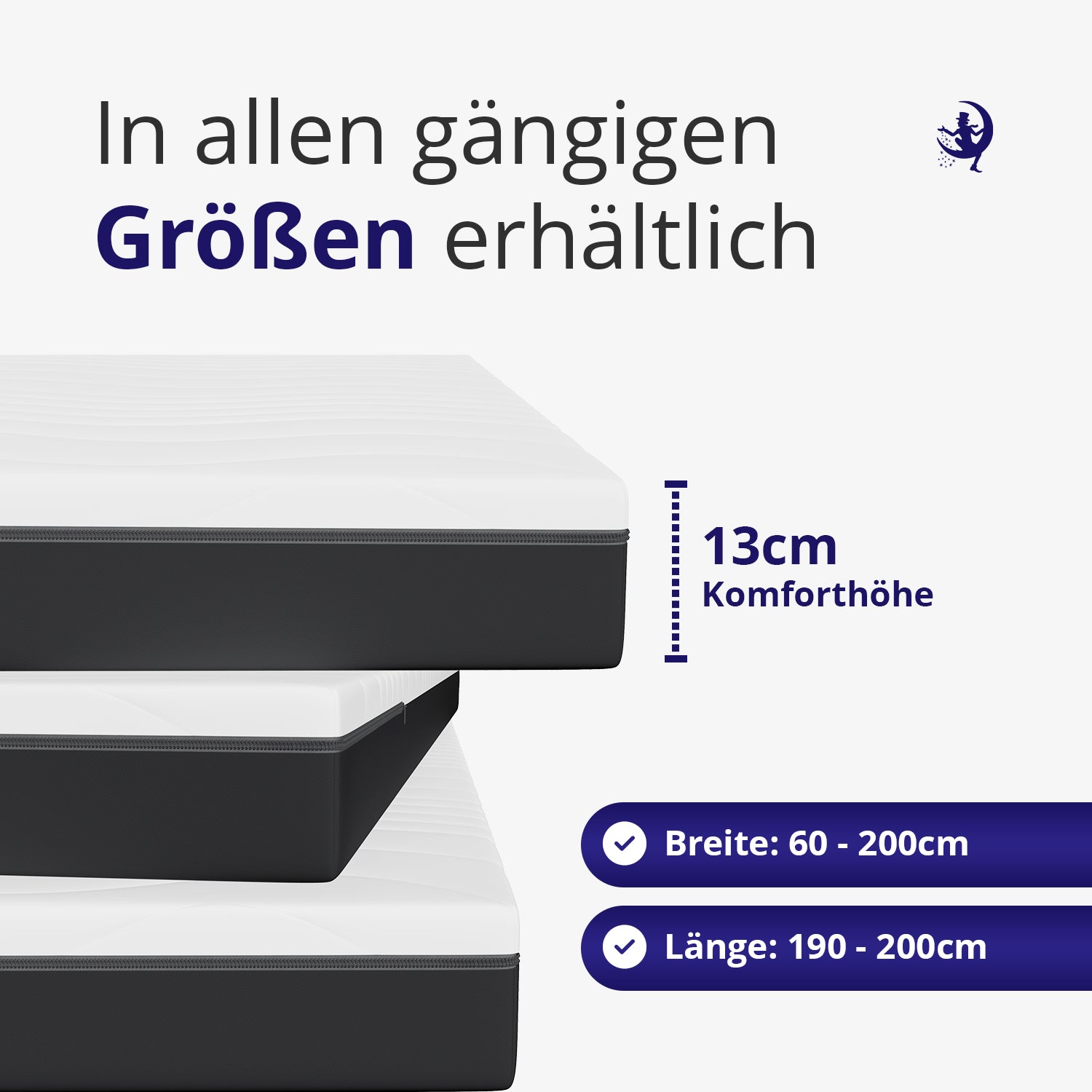 Matratze mit 13 cm Komforthöhe in allen gängigen Grössen von 60x190 bis 200x200 cm verfügbar – platzsparend und bequem